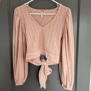 Free People Autumn Nights Blouse Back Wrap Tie Top Striped Orchid Rain XS Purple
